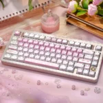 "Artistic product gallery showcasing Fair Isle Cat Dye-Sub keycaps from various angles, highlighting intricate cozy patterns, playful cat motifs."