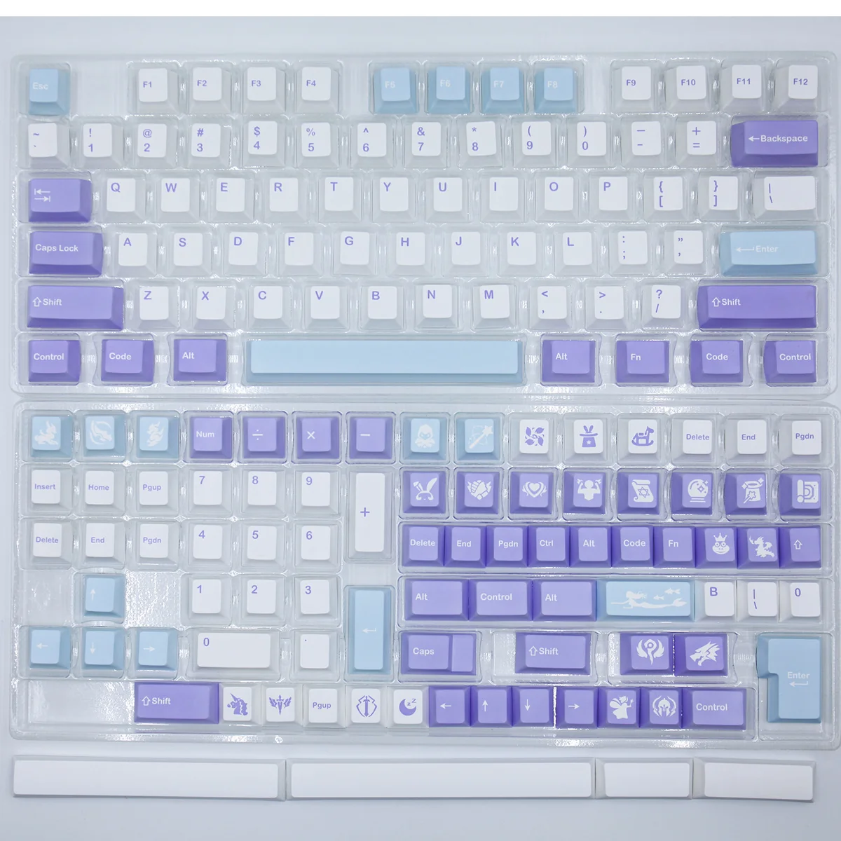 Enchanting Fairytale Keycap Set with whimsical PBT dye-sub designs. Features dreamy purple hues, enchanting storybook motifs, and magical inverse design.