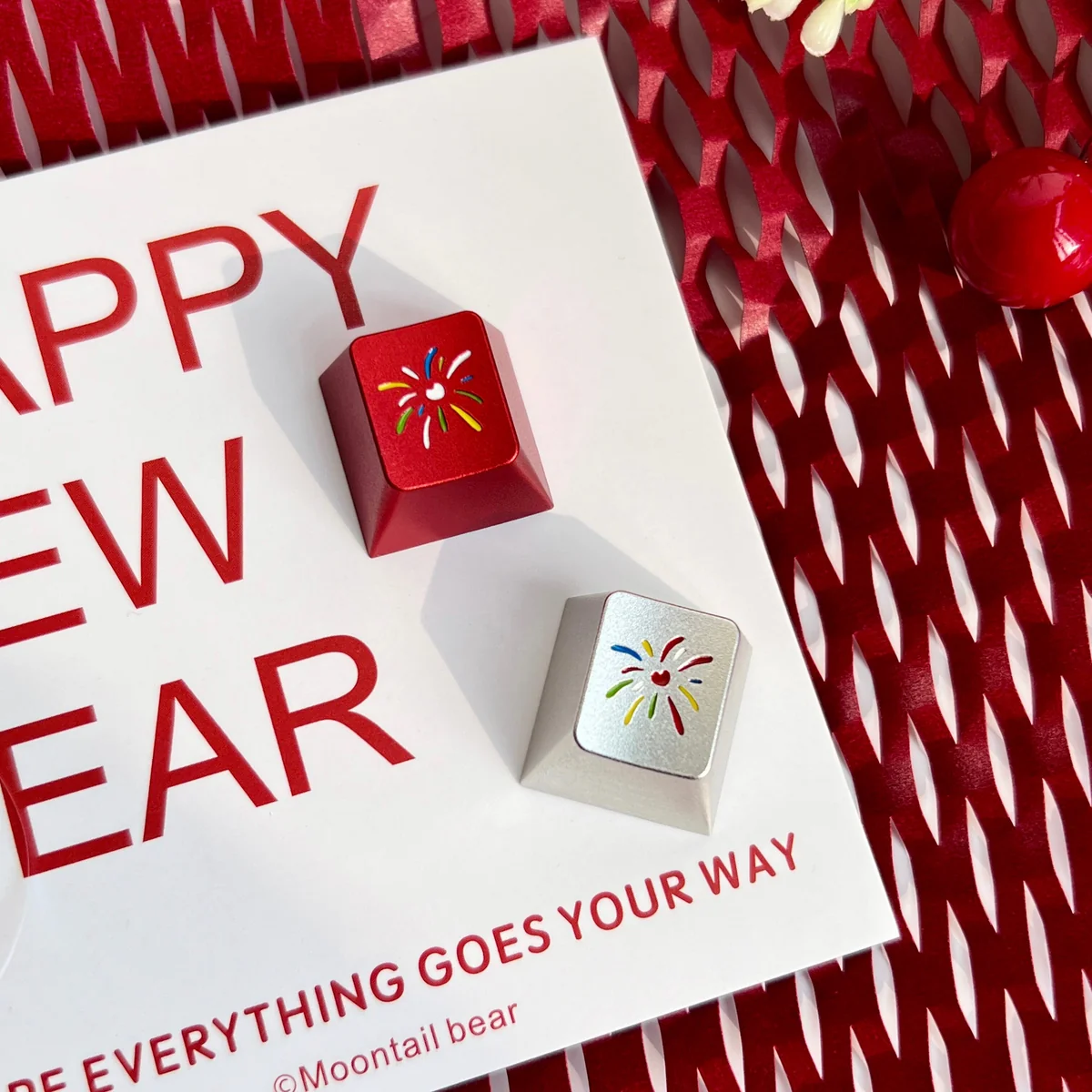 Detailed view of the premium Fireworks Keycap, exhibiting its precision CNC craftsmanship and vibrant festive design from multiple perspectives angles.