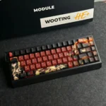 Fiery Abyss Keycap Set: Fiery Abyss, exclusive character, amber hues. Various angles reveal five-sided dye-sublimation and PBT durability.