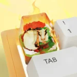 Close-up view of the handcrafted Flareon Pokemon artisan keycap, showcasing its vibrant fiery details and premium artistic quality.