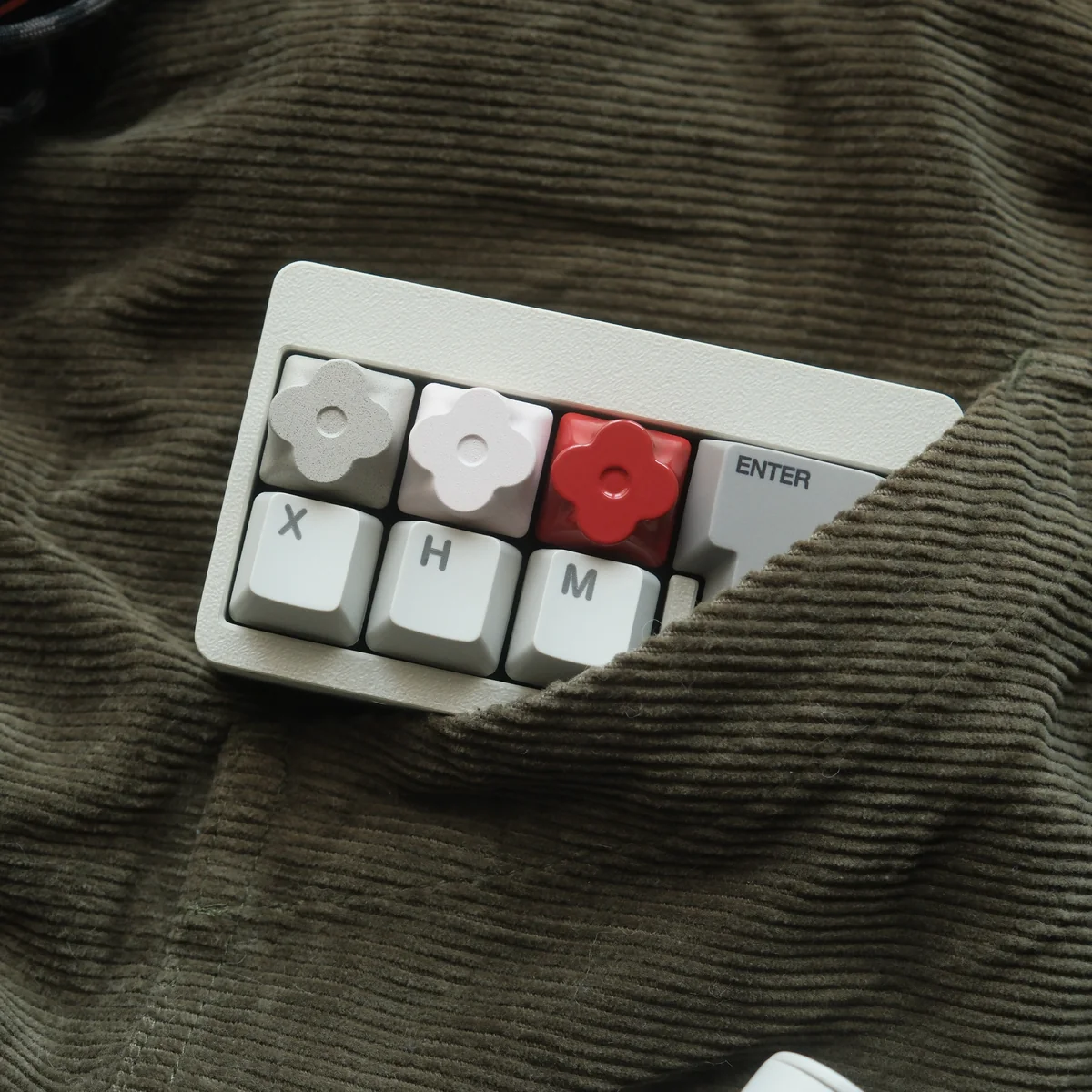 Main image of a Floral Keycap, featuring delicate floral motifs precision-etched into polished CNC aluminum, showcasing its artisan elegant.