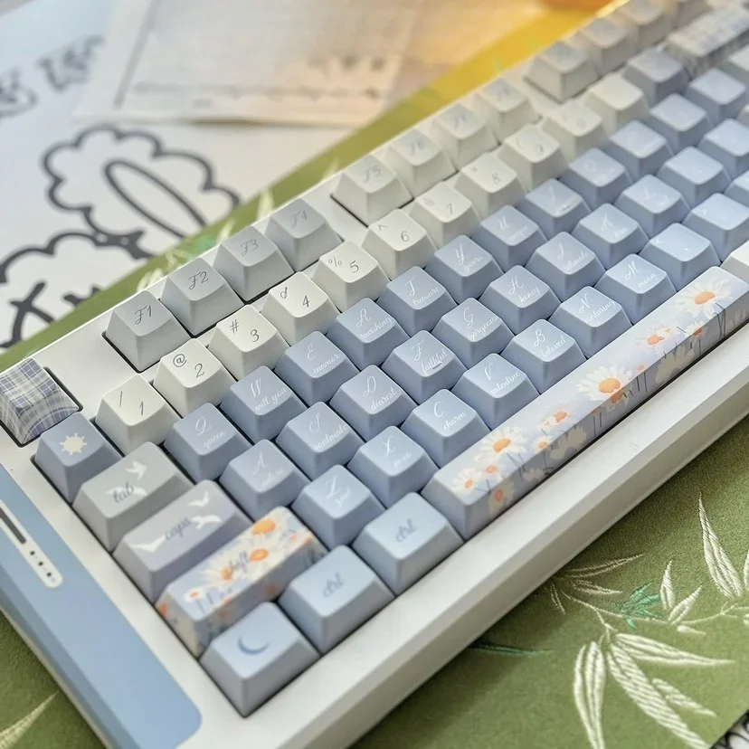 Multiple artistic views of the Midsummer Daisy Cherry Keycap Set, emphasizing durable PBT and serene summer floral design.