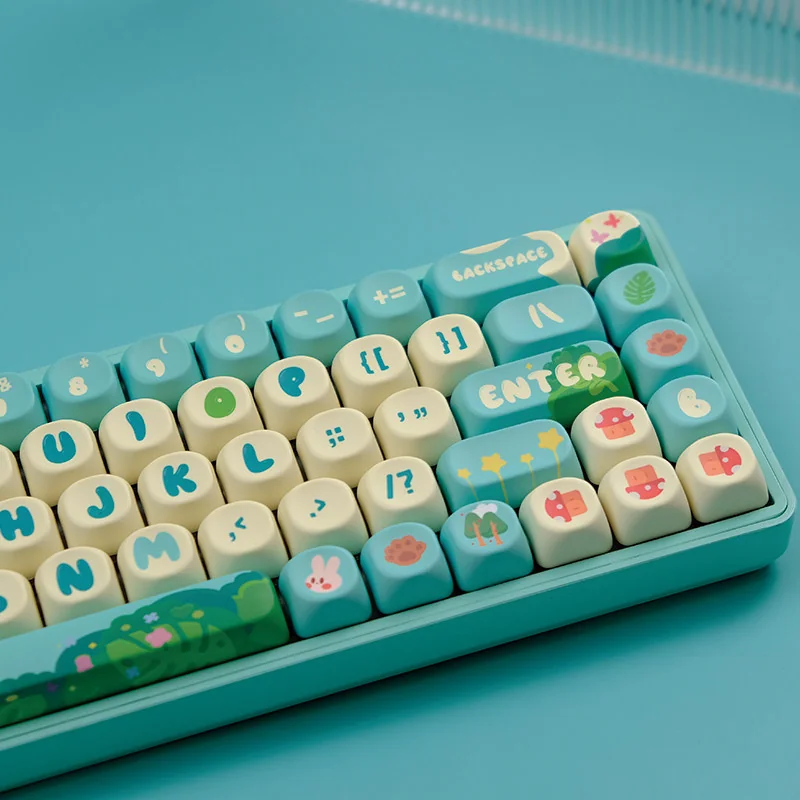 Enchanted Forest PBT MOA Artisan Keycap Set. Whimsical forest design, vibrant motifs, and durable PBT shown from diverse angles.
