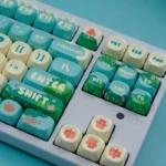 Whimsical Enchanted Forest PBT MOA artisan keycap set, shown from multiple artistic angles, highlighting its durable PBT and vibrant, serene natural design.