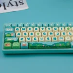 A collection of Enchanted Forest PBT MOA artisan keycaps set from various angles, showcasing the whimsical design, vibrant natural elements, and durable PBT material.