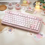 Playful close-up of the Fox Dessert Keycap Set, featuring the adorable pink PBT dye-sub fox and cat dessert design, emphasizing its whimsical sweetness.