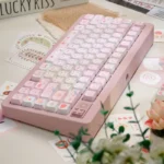 Whimsical pink fox dessert keycap set, an adorable MAO PBT dye-sub creation. This charming keycap showcases a sweet fox and cat motif, adding playful sweetness upgrade.