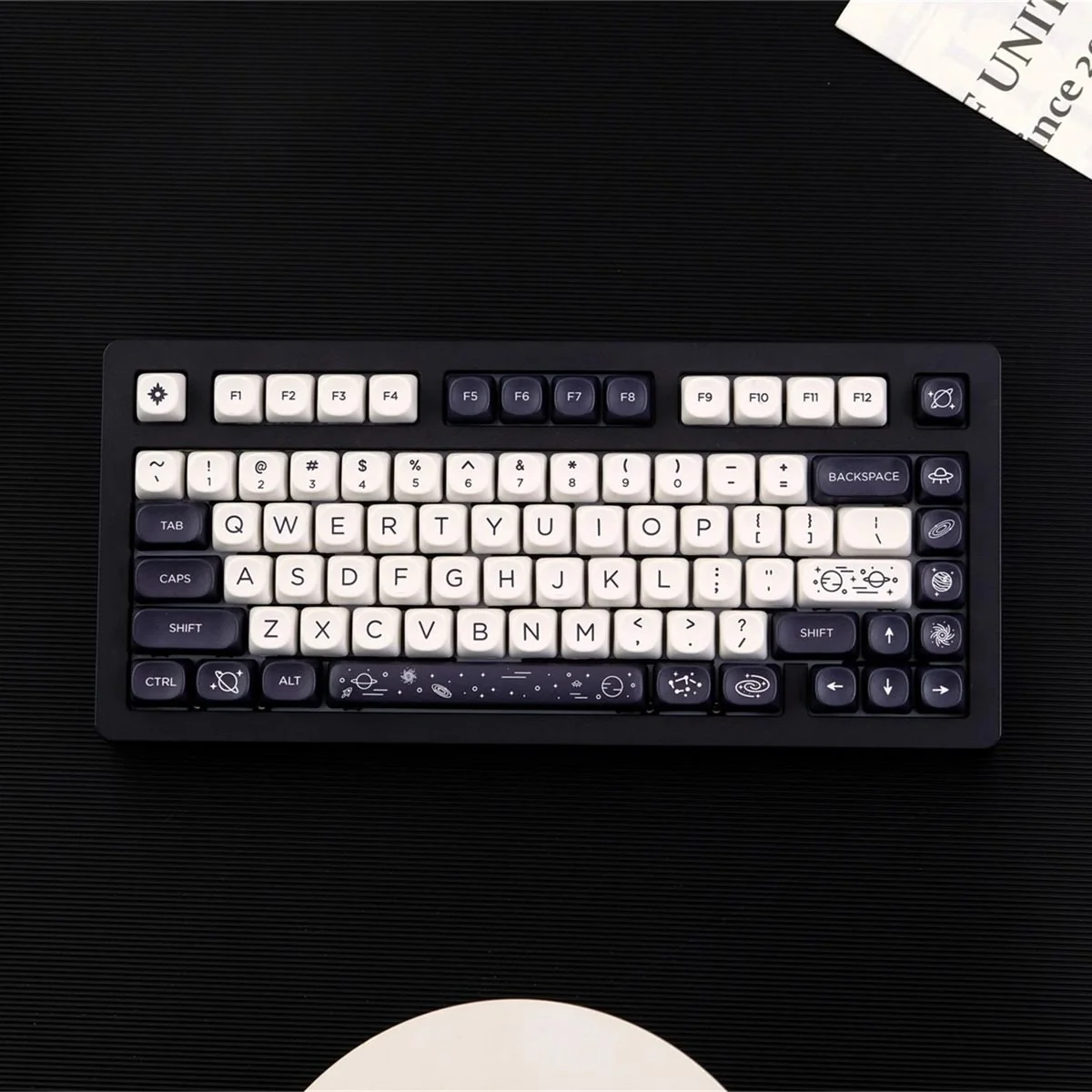 Premium Cosmic Elegance Galaxy PBT MOA Keycap Set main image. Features striking black and white celestial patterns and unique MOA profile.
