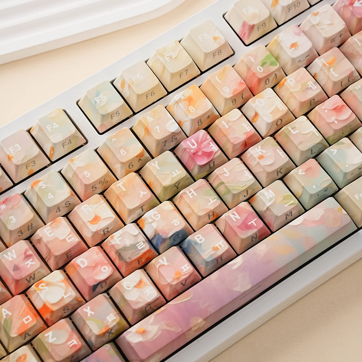 Vibrant botanical Garden PBT Keycaps Set with serene natural hues. Durable PBT offers ergonomic comfort, artistic floral design.