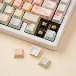 Garden PBT Keycaps Set: detailed views highlight vibrant botanical patterns, soothing natural hues. Durable PBT ensures ergonomic comfort, an enchanting setup.