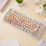 Artistic view of Garden PBT Keycaps Set, showing vibrant botanical patterns and soothing hues. Durable PBT offers ergonomic comfort from this serene floral aesthetics.