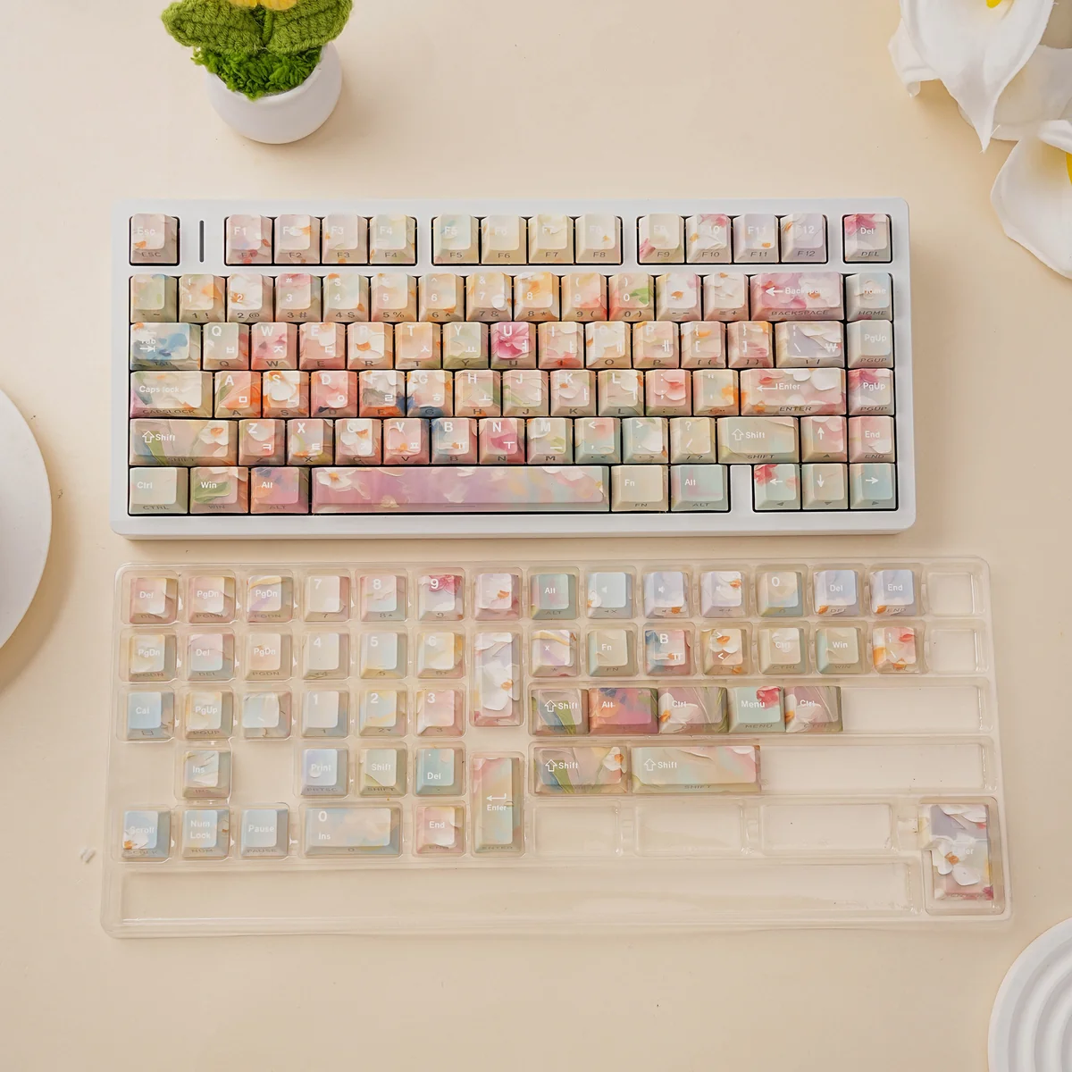 Garden PBT Keycaps Set: Serene Floral Set. An artistic close-up showcasing vibrant botanical patterns and soothing natural hues. Enjoy durable PBT setup.