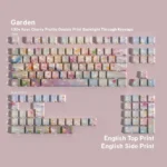 Serene floral Garden PBT Keycaps Set, viewed from an artistic angle, showcasing vibrant botanical patterns, durable PBT, and ergonomic design for enhance your keyboard.