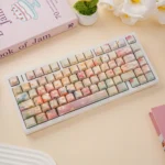 Serene Garden PBT Keycaps Set with vibrant botanical patterns, beautifully displaying the enchanting theme, durable PBT, and ergonomic keyboard comfort.