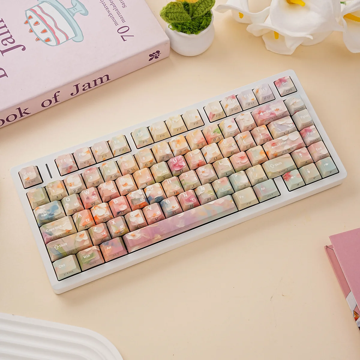 Serene Garden PBT Keycaps Set with vibrant botanical patterns, beautifully displaying the enchanting theme, durable PBT, and ergonomic keyboard comfort.