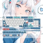 Exclusive Gawr Gura PBT Dye-Sub Keycaps Set, featuring vibrant blue, white, and red accents in a playful shark-girl design for fans.