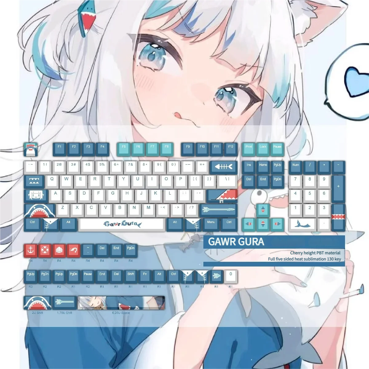 Exclusive Gawr Gura PBT Dye-Sub Keycaps Set, featuring vibrant blue, white, and red accents in a playful shark-girl design for fans.