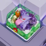 Artistic angled shot of the handcrafted Gengar resin keycap, revealing its vibrant details and capturing the iconic Pokémon's mischievous aura.