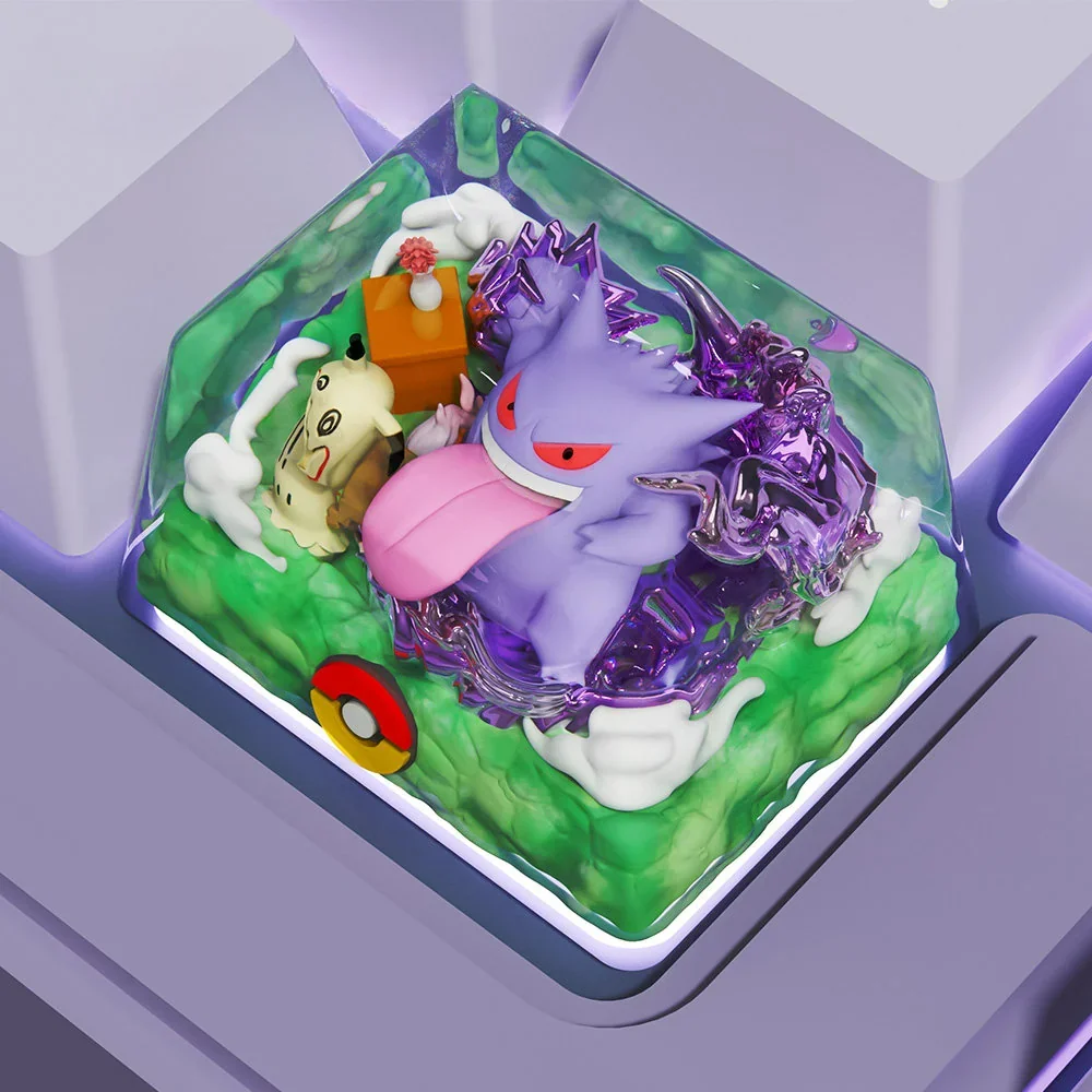 Artistic angled shot of the handcrafted Gengar resin keycap, revealing its vibrant details and capturing the iconic Pokémon's mischievous aura.