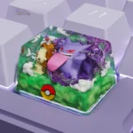 Close-up of the vibrant, handcrafted Gengar artisan keycap from a unique angle, showcasing its detailed resin design and mischievous Pokemon charm.