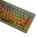 Artistic close-up of Ghibli Floral Wonderland PBT keycaps set, showcasing enchanting, whimsical flower field designs and vibrant, serene color.