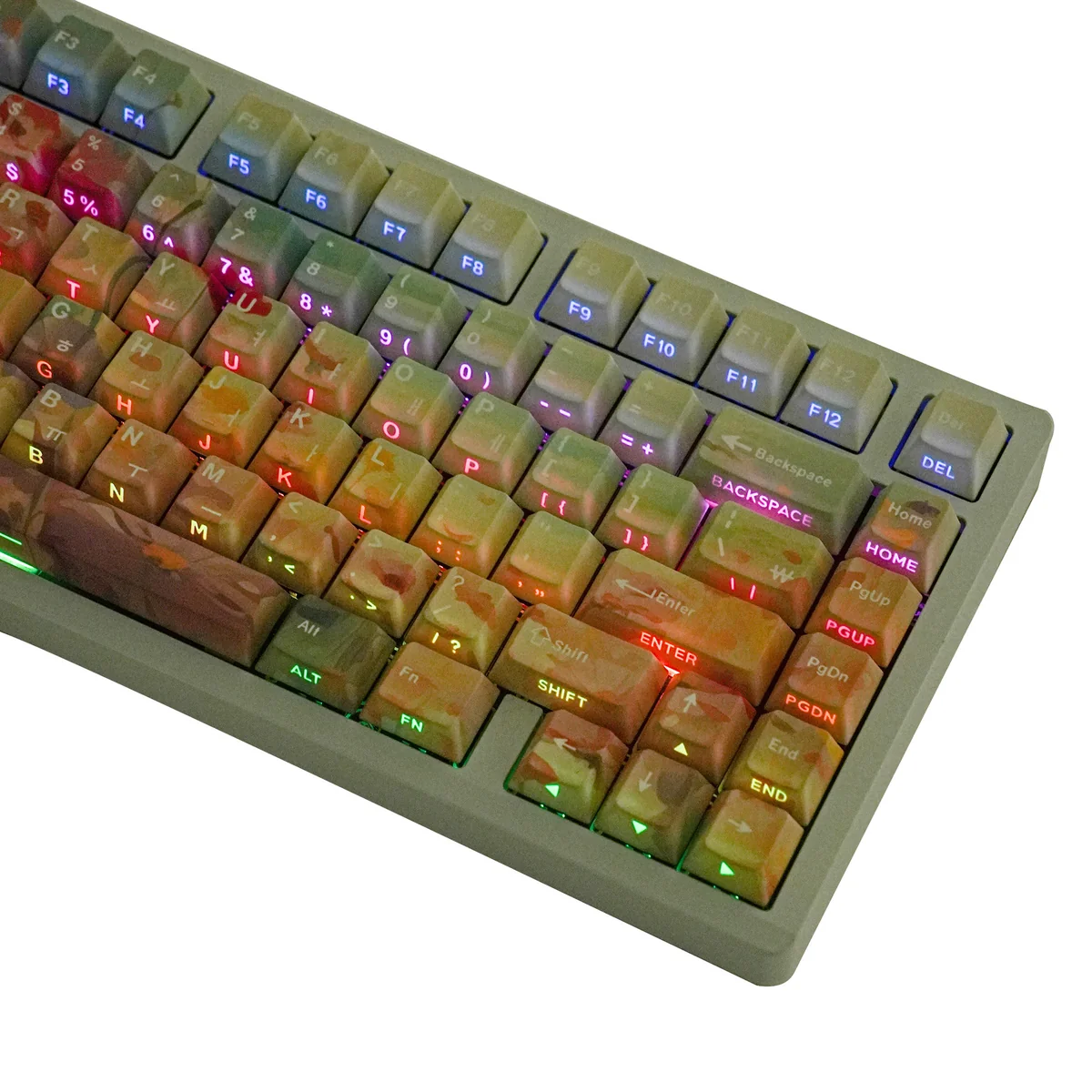 Artistic close-up of Ghibli Floral Wonderland PBT keycaps set, showcasing enchanting, whimsical flower field designs and vibrant, serene color.