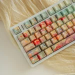 A collection of enchanting Ghibli Floral Wonderland PBT keycaps set, showcasing whimsical Ghibli flower fields in vibrant, serene colors.