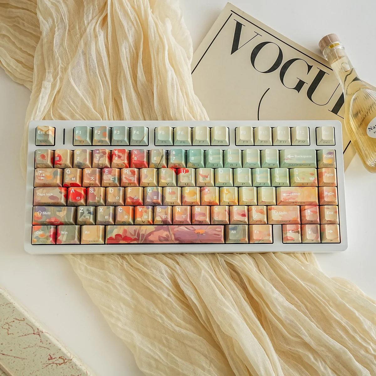 A vibrant, enchanting Ghibli Floral Wonderland PBT keycap set, featuring lush flower fields in serene, artistic colors. Perfect Ghibli Keyboard.