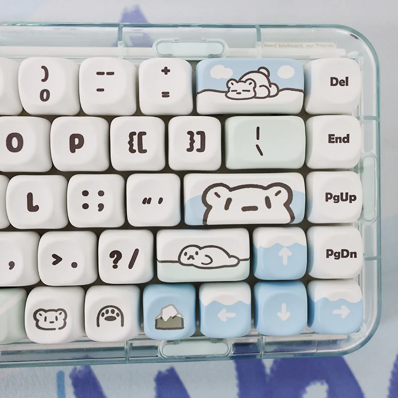 Glacier Bear PBT Dye-sub MOA Keycaps Set, showcasing adorable icy blue and white bear designs. These unique Glacier Bear Keycaps evoke a serene winter layout design.