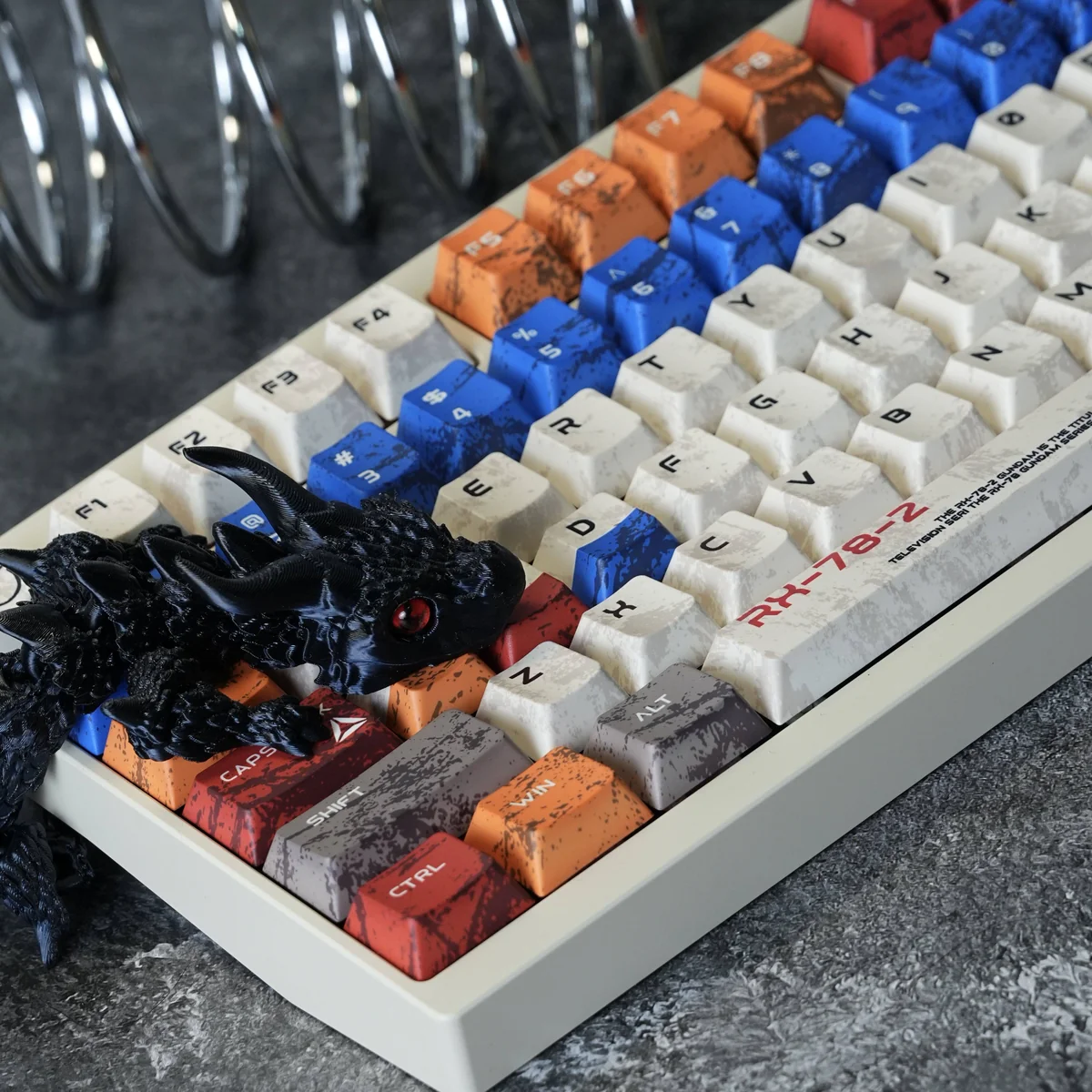 RX-78-2 Battle-Damaged Gundam keycaps set showcased from multiple angles, highlighting the intricate, weathered mecha aesthetic and unique artisan design.