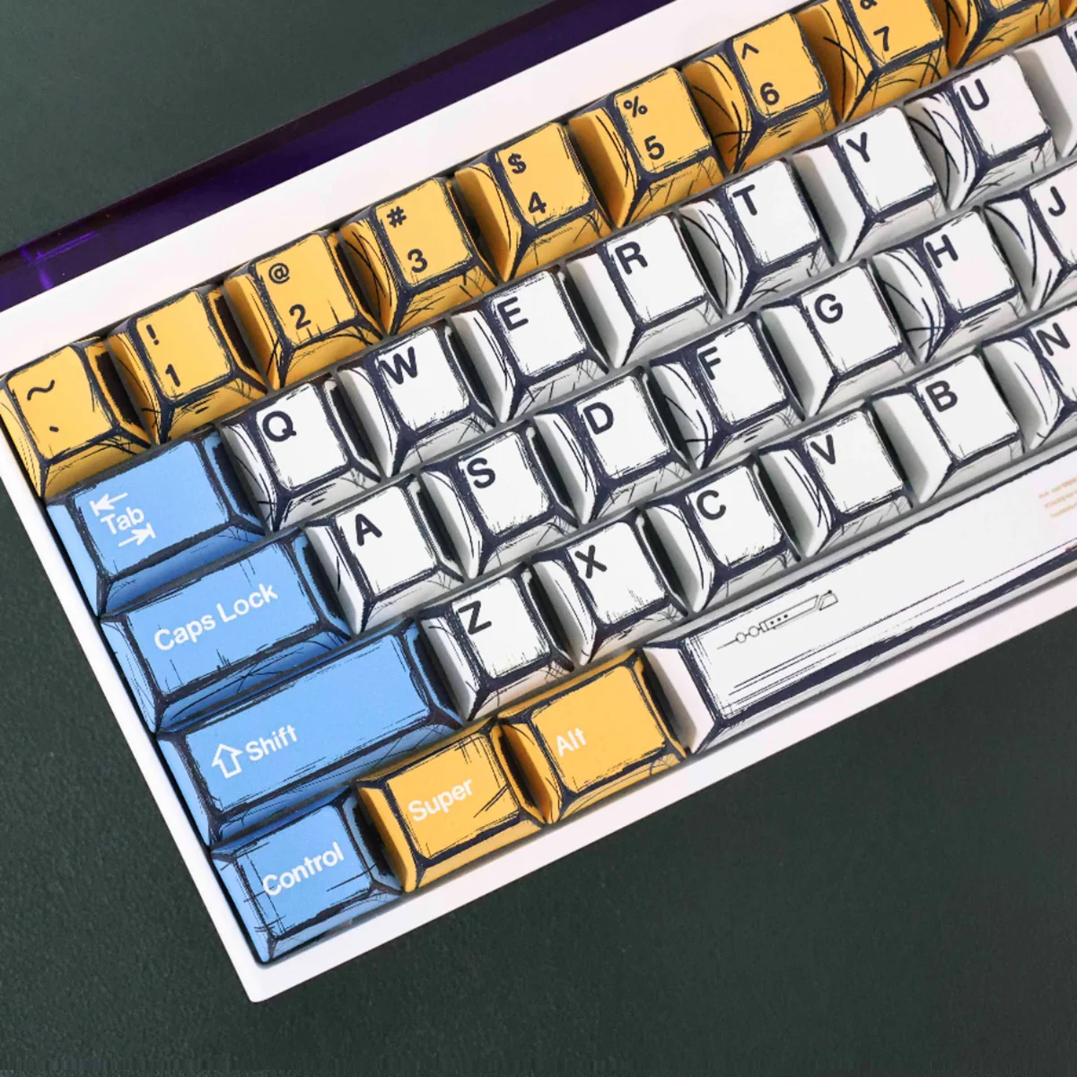 Close-up of vibrant Gundam manga art PBT keycaps set, showcasing iconic Mobile Suit characters in a dynamic, artistic style.
