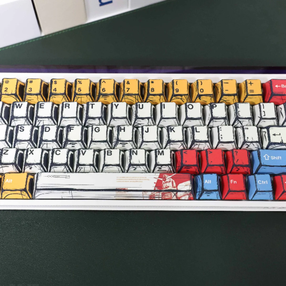 Close-up of vibrant Gundam manga art PBT keycaps set showcasing iconic Mobile Suit characters in dynamic, classic artistic style.