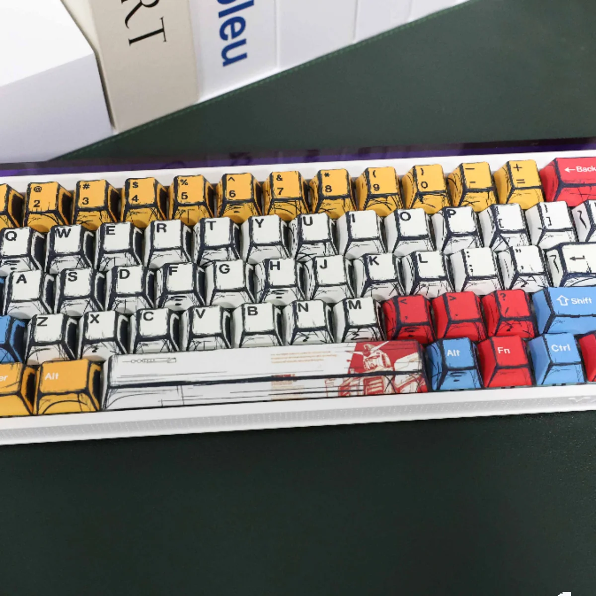 Close-up of vibrant Gundam Manga Art PBT keycaps set, showcasing iconic Mobile Suit characters in dynamic, classic art style and the durable PBT texture.