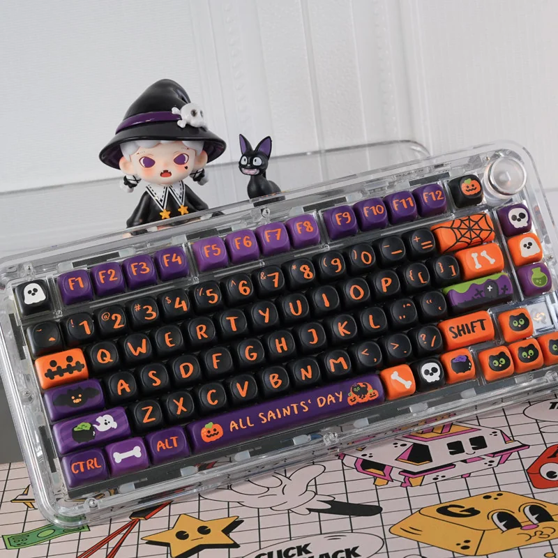 Vibrant Halloween Keycaps PBT dye-sub set for mechanical keyboards. Playful spooky pumpkins, ghosts, and bats pop on a dark background.