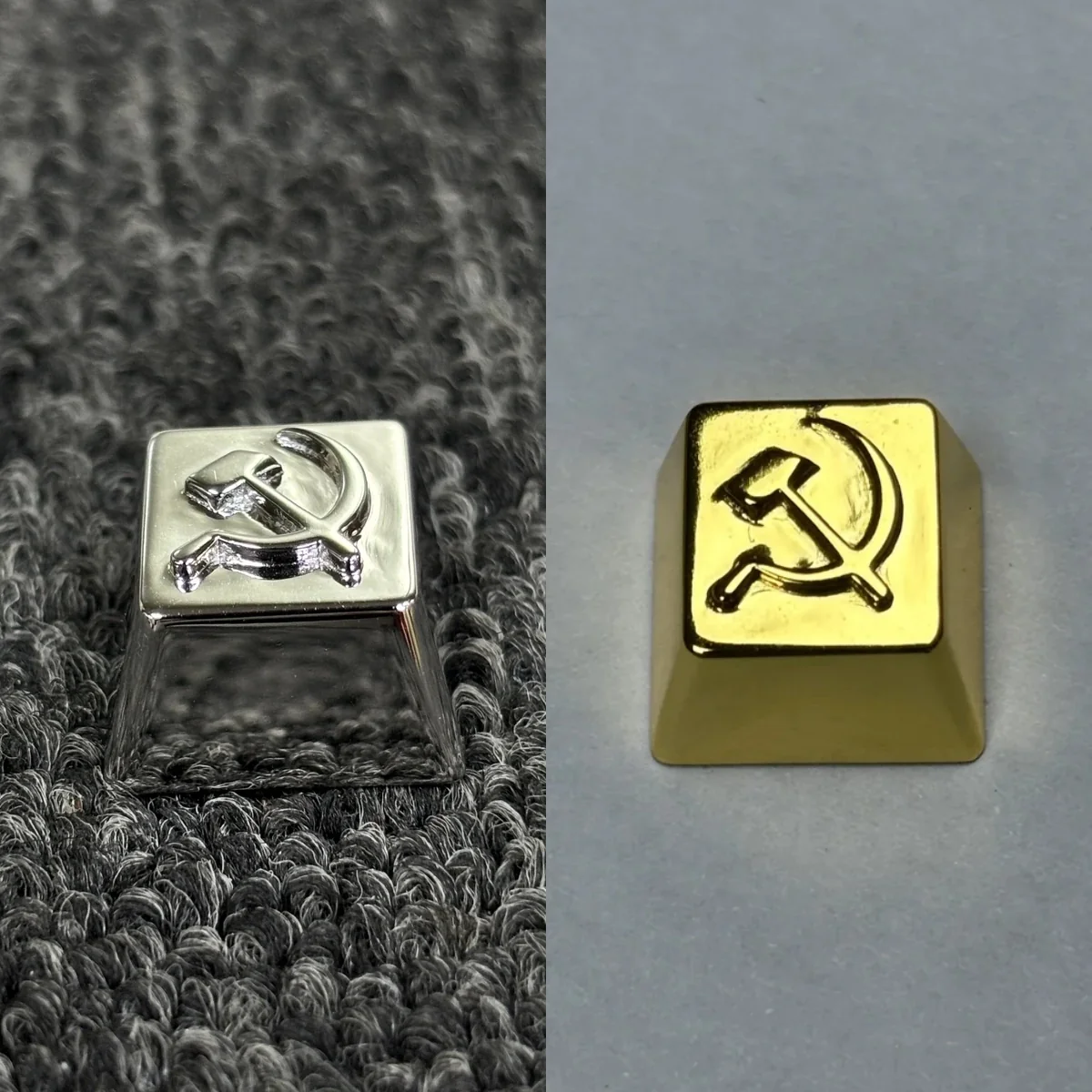 Premium Hammer Sickle Keycap, a pure copper artisan piece with iconic design, featuring lustrous brass and white copper plating, embodying industrial design.