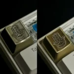 Hamsa Artisan Keycap crafted from polished brass, showcasing intricate mystical symbols for symbolic protection and elegant keyboard aesthetics.