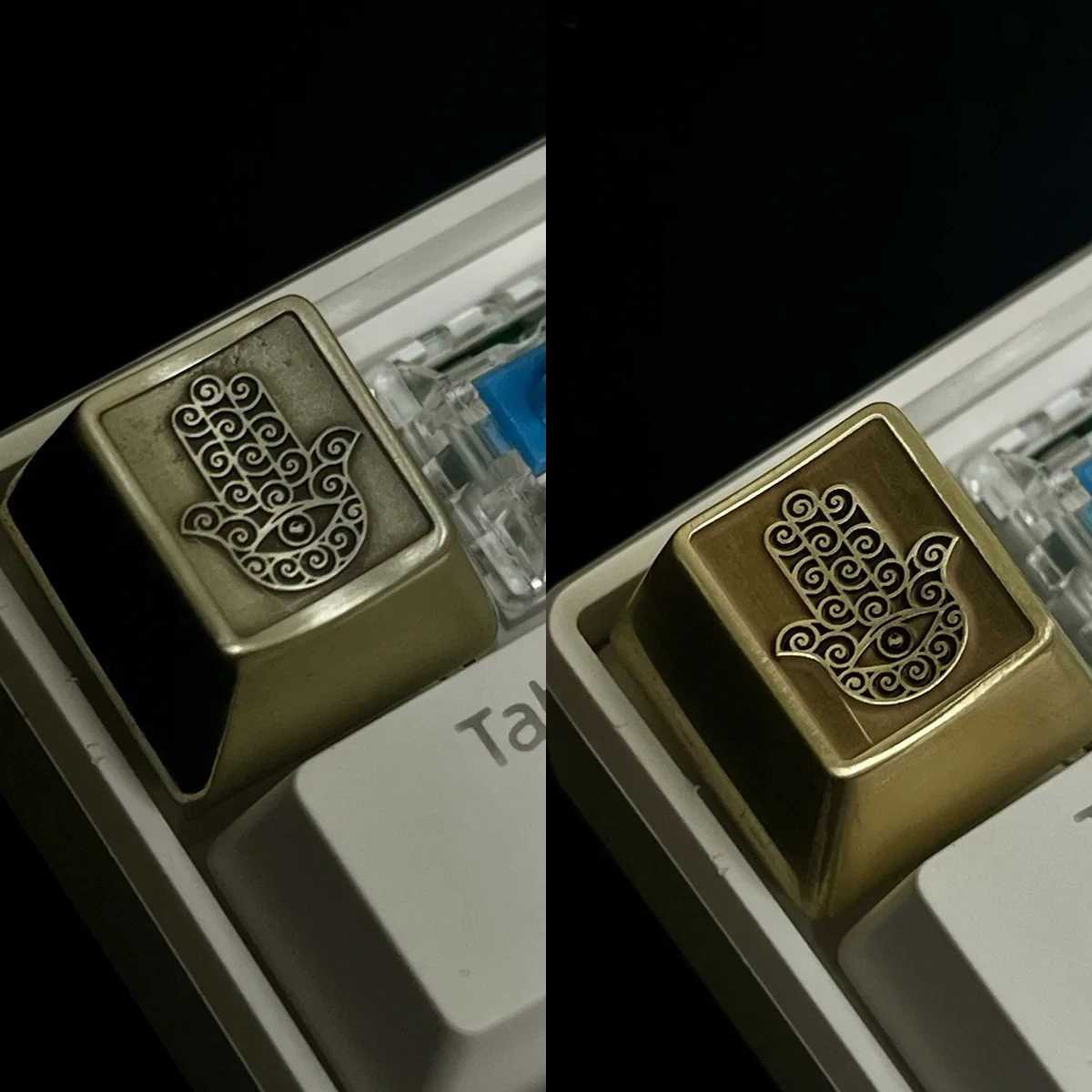 Hamsa Artisan Keycap crafted from polished brass, showcasing intricate mystical symbols for symbolic protection and elegant keyboard aesthetics.