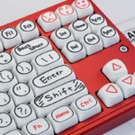 Unique hand-painted PBT keycaps set, black theme MOA set, shown from various angles, highlighting their intricate artistry and sophisticated flair.
