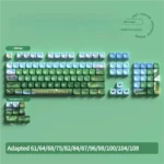 Heidi's Alpine Adventures PBT dye-sublimated keycap set. Distinct angle reveals serene Alpine storybook illustrations, capturing unique artistic nature design.