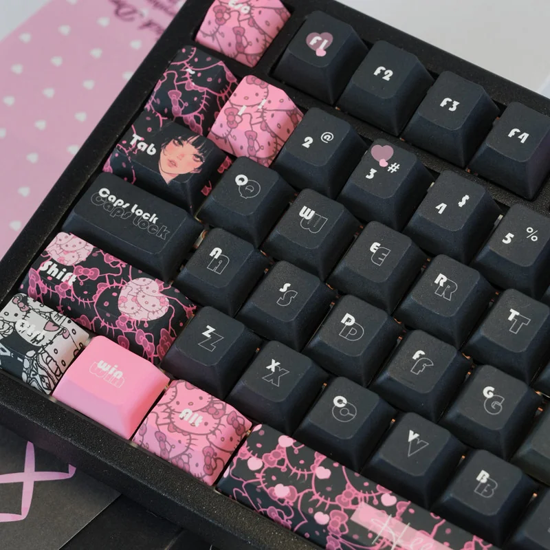 Close-up views of the unique Hello Kitty PBT dye-sub keycap set, showcasing its sweet and edgy black and pink design from various angles. Ideal for customization.