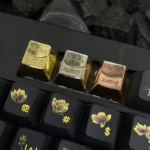 Lustrous pure metallic Hi-Res Audio artisan keycap at various angles, showcasing its precise CNC detailing and elegant industrial aesthetic for a resonant HIFI typing.