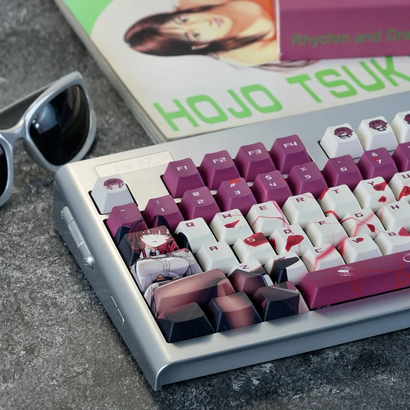 An exclusive Honkai Star Rail Kafka PBT dye-sub keycap set, elegantly displaying its dark, mysterious character art and intricate symbols from a unique design.