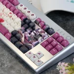 Dark, elegant PBT dye-sub keycap set featuring exclusive Honkai Star Rail Kafka character art and symbols, viewed from various angles.