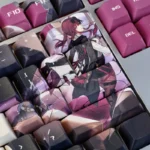 An artistic display of the exclusive Kafka Honkai Star Rail PBT dye-sub keycap set, highlighting its dark, mysterious character designs from various angles.