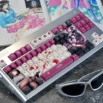 Angled view of an exclusive Kafka Honkai Star Rail PBT dye-sub keycap set, highlighting the dark, elegant character art and mysterious symbols. Premium angles.