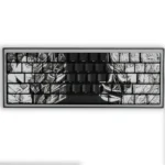 Artistic gallery of Berserk side-lit PBT keycaps set, showing gritty dark fantasy legends, subtle backlighting, and premium craftsmanship from various angles.