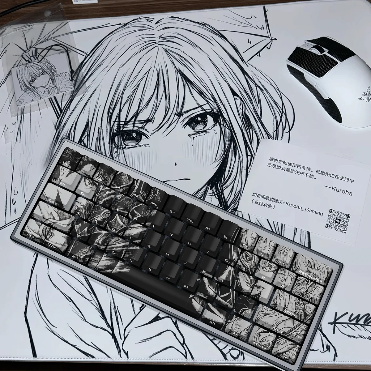An artistic main display of exclusive Berserk side-lit PBT keycaps set, highlighting their gritty dark fantasy designs, iconic imagery, and subtle backlight.