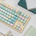 Vibrant Hatsune Miku PBT dye-sublimated keycaps set showcasing iconic character art from multiple angles, perfect for a playful Vocaloid keyboard.