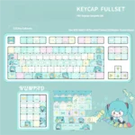 A dynamic view of vibrant Hatsune Miku PBT keycaps set, showcasing playful dye-sublimated character art for this iconic Vocaloid keyboard set.